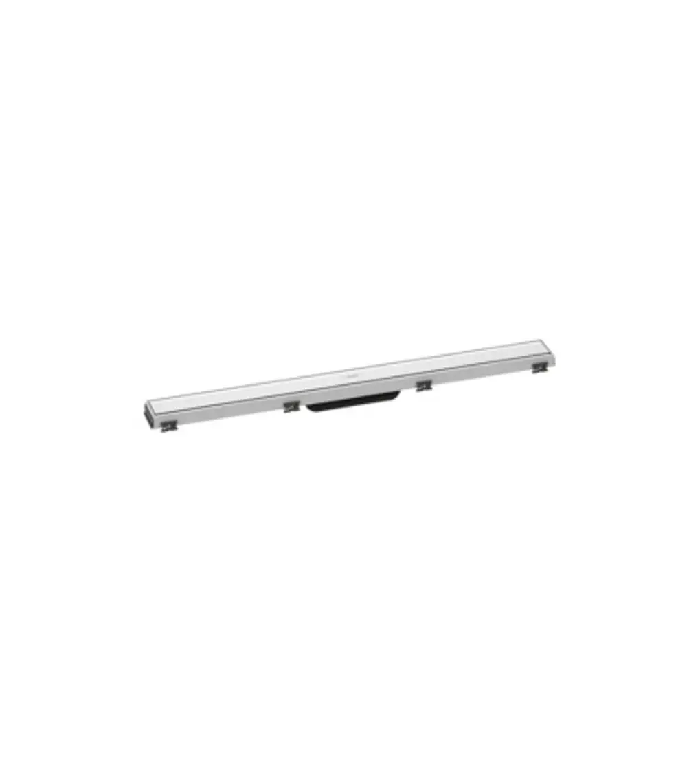 Hansgrohe Duschrinne in schmalem, rechteckigem Design, mit durchgehendem schwarz-weißen Rahmen, geeignet für die Installation in modernen Badezimmern.